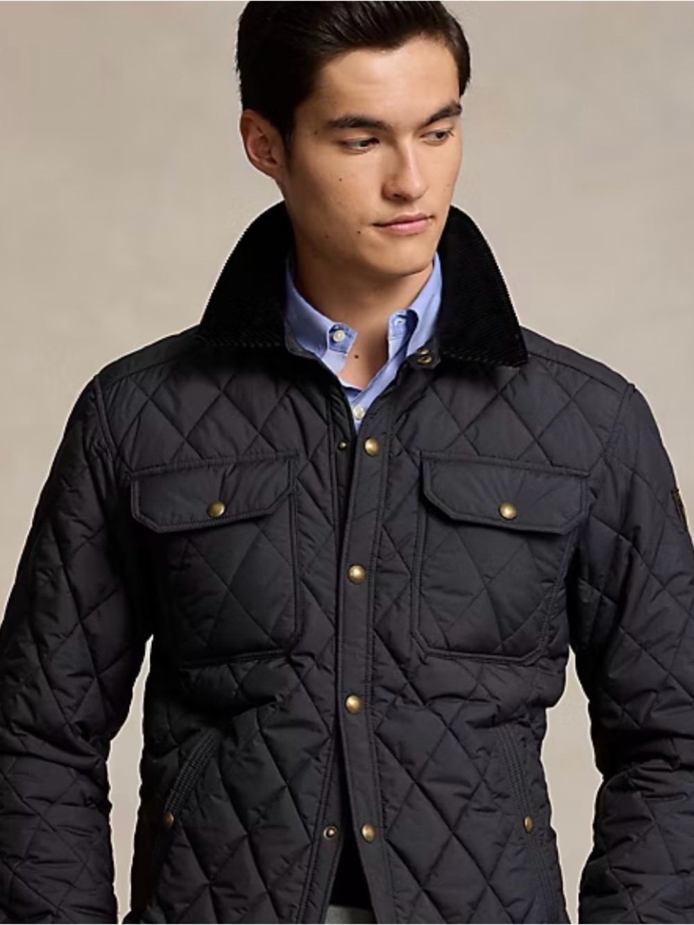 Polo by Ralph Lauren Black Quilted Puffer Jacket with Corduroy Collar NEW